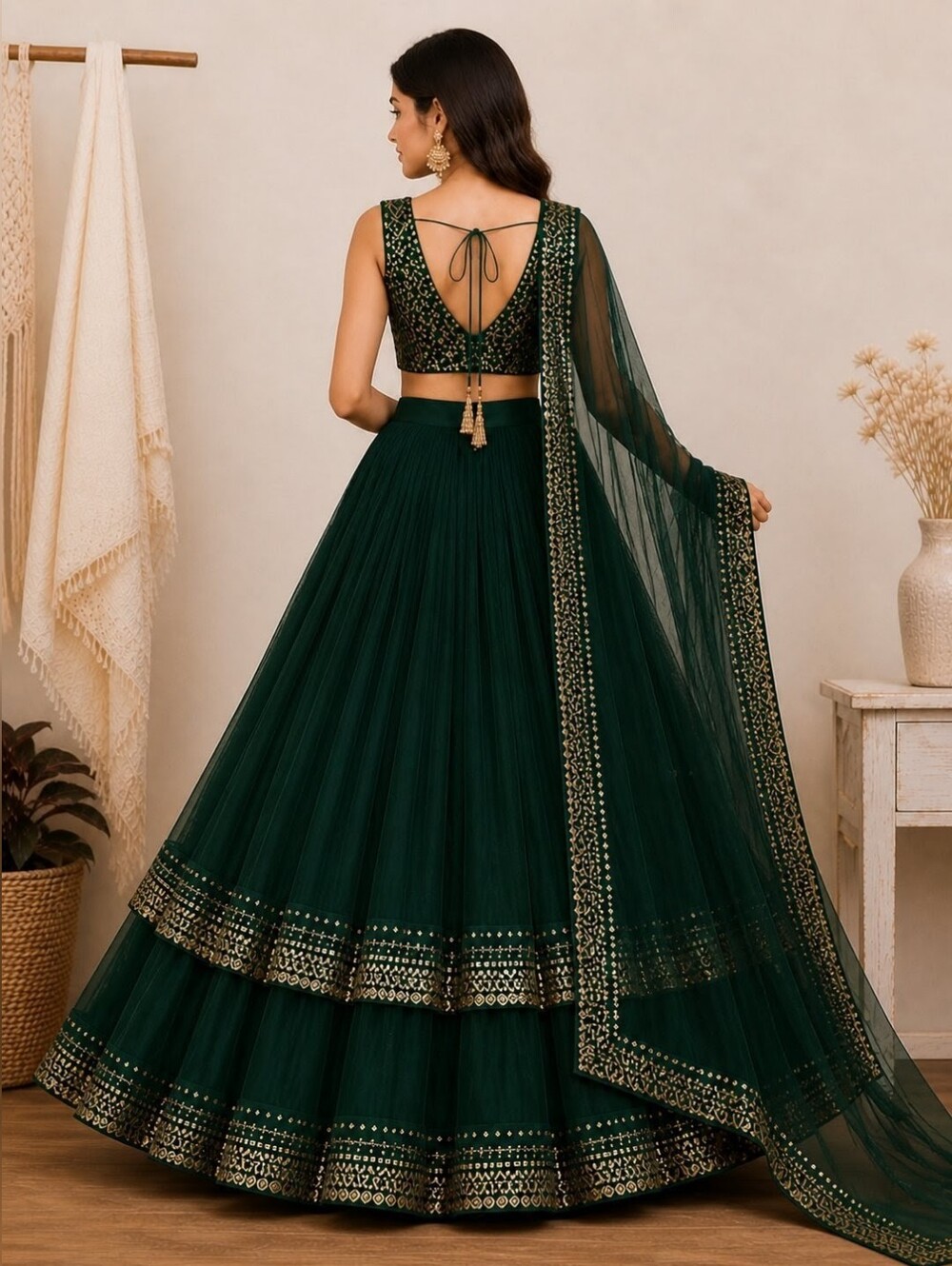 Green Gorgette With Sequined Work Lehenga Choli - Picture 2 of 8